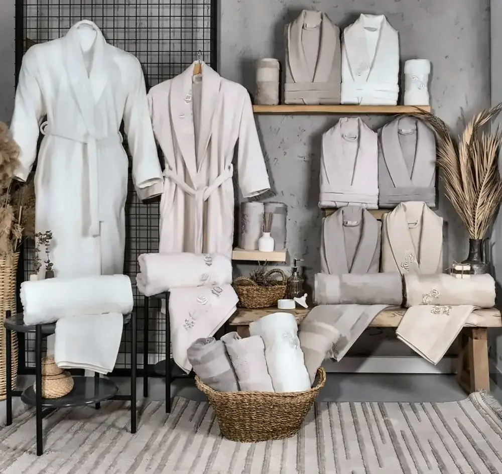 Rose-Embroidered Bathrobe & Towel Set